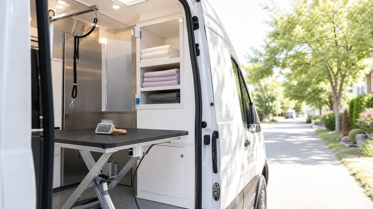The open side door of a white van reveals a fitted interior with a hydraulic grooming table, a slicker brush on the surface, and folded towels on shelves, with a residential street visible behind
