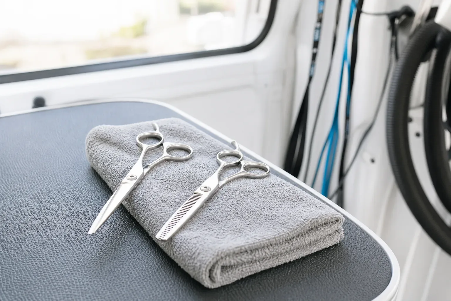 Two pairs of grooming scissors and thinning shears rest on a folded grey microfibre towel inside a van