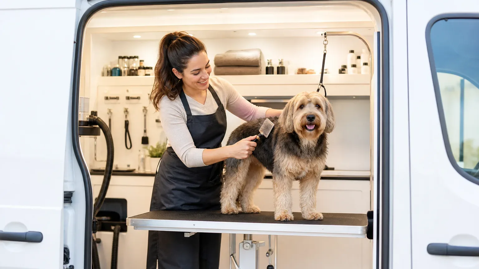 A groomer in a dark apron brushes a shaggy medium-sized dog standing on a grooming table inside a well-lit, organised mobile van