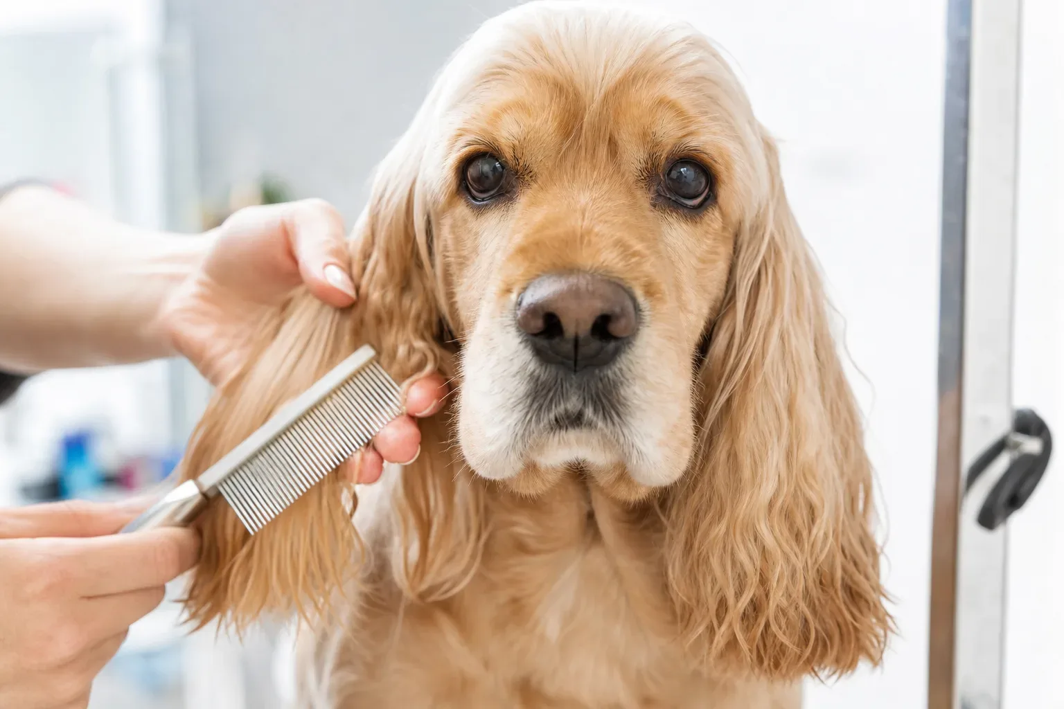 A golden Cocker Spaniel being groomed, with a person combing its long ear fur using a metal comb in a bright interior setting