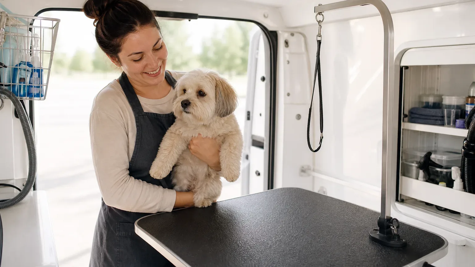 A groomer in a work apron holds a small fluffy dog above a grooming table inside a mobile grooming van, smiling down at it