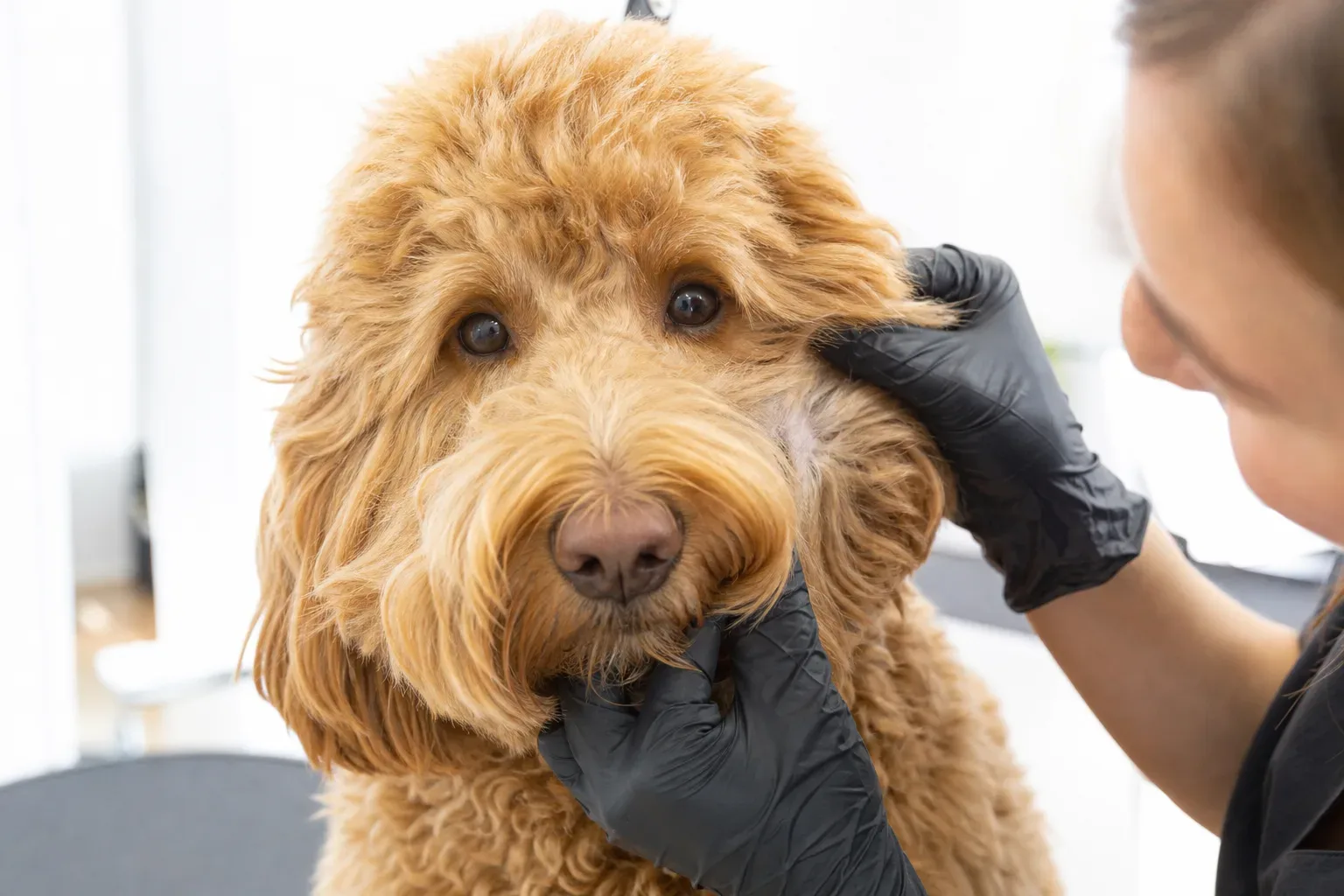 A person wearing black gloves gently parts the thick golden curly fur around a Labradoodle's face, examining the skin beneath