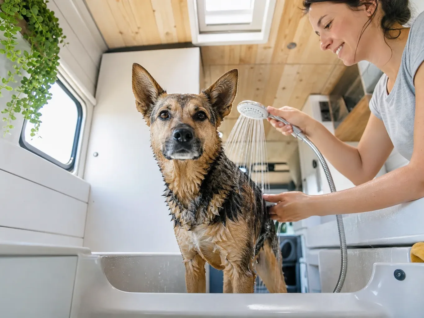 A person smiles while using a handheld shower head to wash a wet German Shepherd standing in a built-in bath inside a compact van interior.