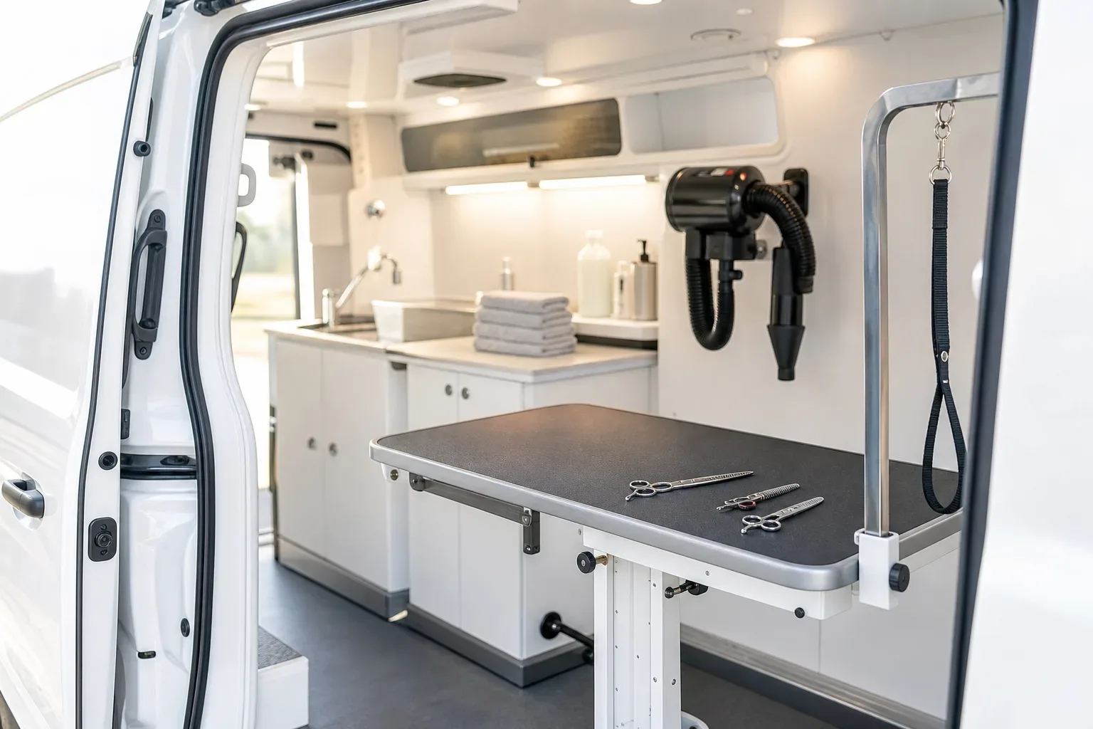 Interior of a mobile grooming van with its side door open, showing a grooming table with scissors and shears laid on it, a wall-mounted high-velocity dryer, folded towels, and a grooming arm with a lead