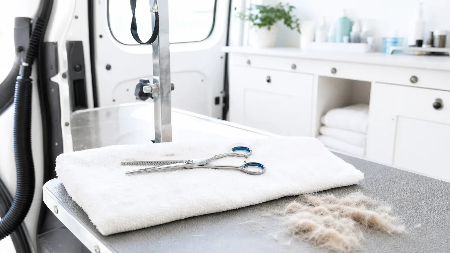 Thinning shears rest on a folded white towel on a grooming table, with a small pile of trimmed fur beside it in a clean, well-lit van interior