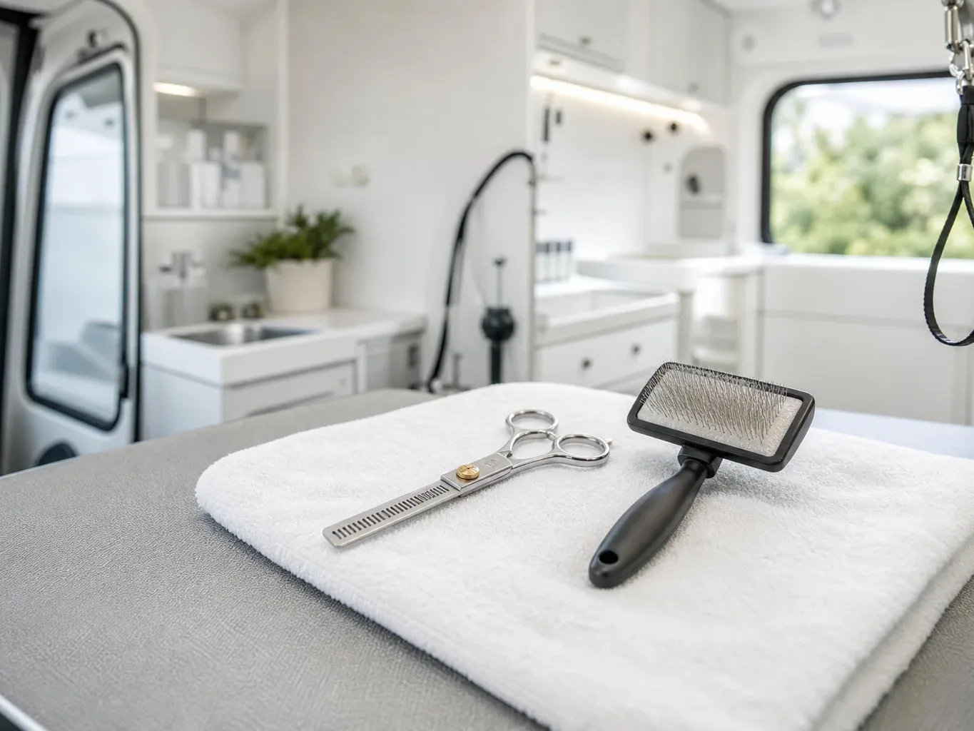 Thinning shears and a slicker brush rest on a folded white towel on a grooming table inside a fitted mobile grooming van