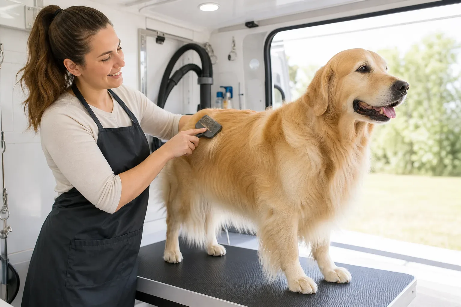 A groomer in a dark apron brushes the coat of a Golden Retriever standing on a grooming table inside a mobile grooming van, with greenery visible through the open side door.