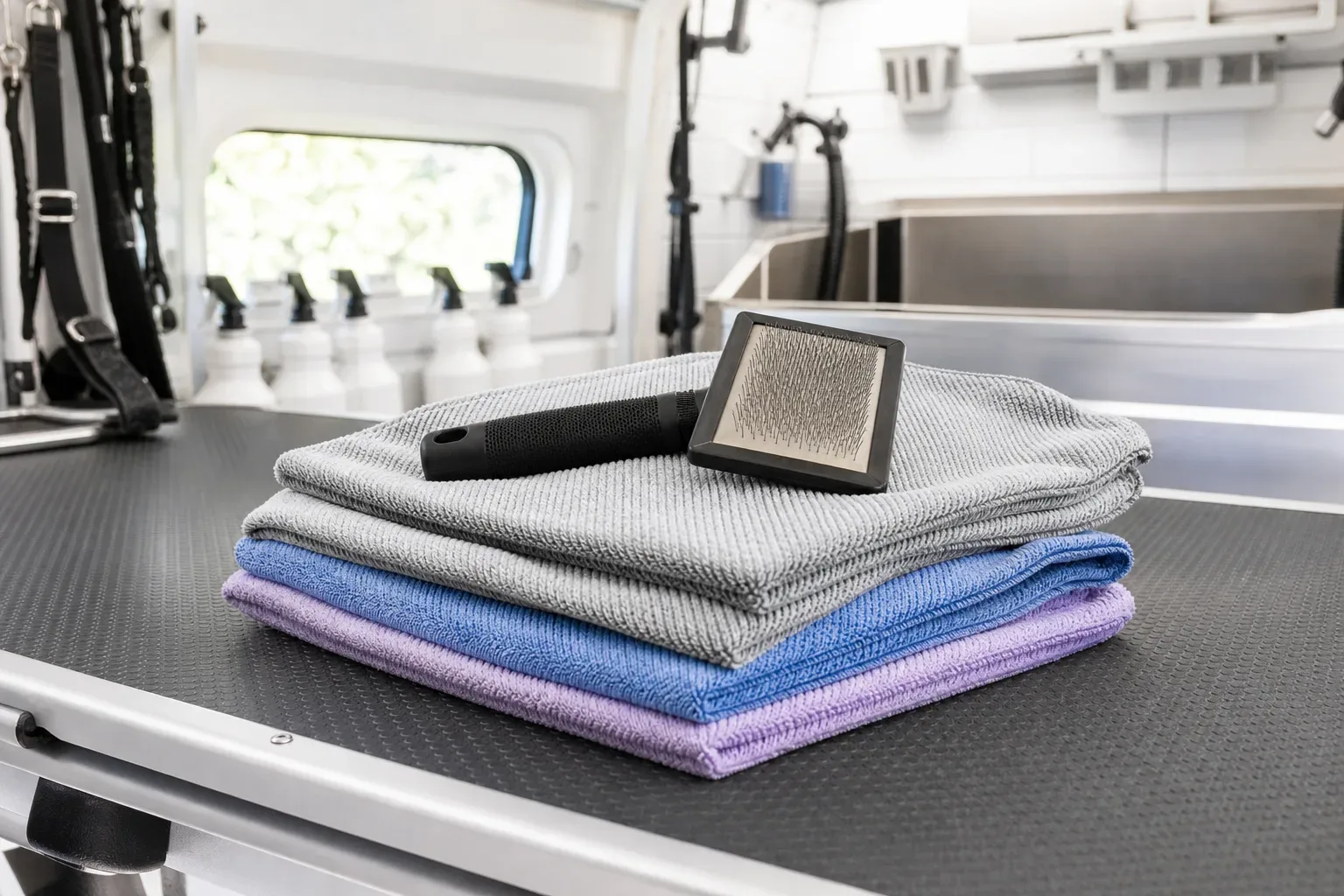A slicker brush rests on a neatly folded stack of grey, blue and purple microfibre towels on a grooming table inside a mobile pet grooming van