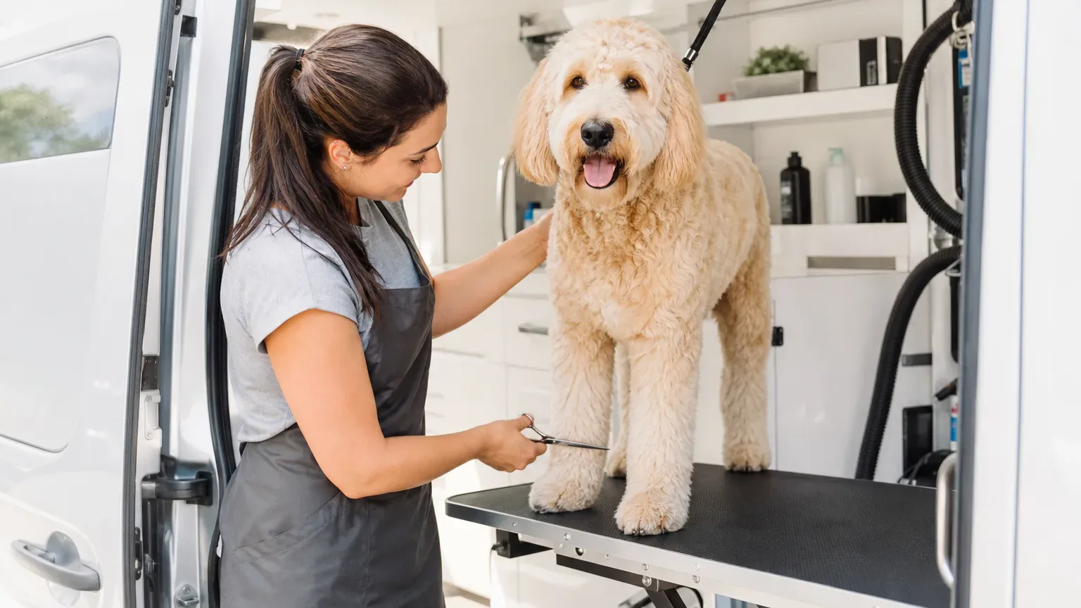 A groomer in a dark apron trims the leg fur of a cream Labradoodle standing on a grooming table at the open side door of a fitted mobile grooming van
