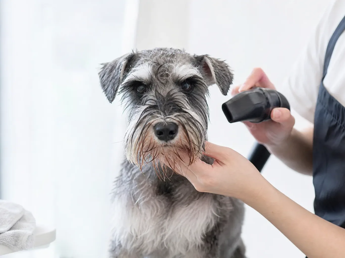 A person in an apron blow-dries the face of a damp Miniature Schnauzer on a grooming table, with folded towels visible to the left