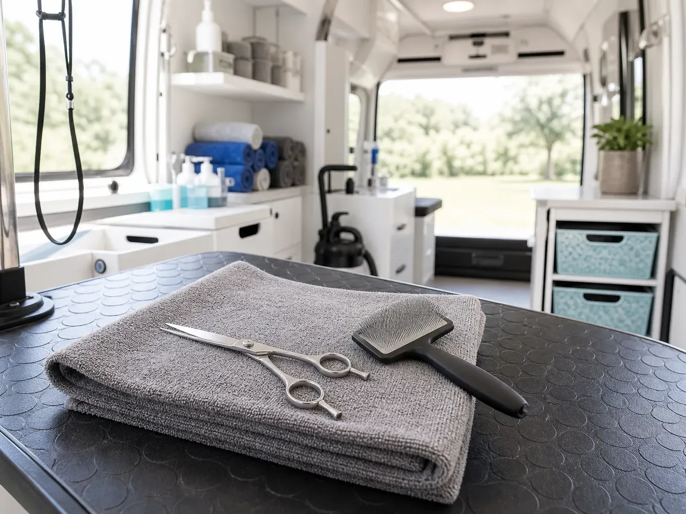Grooming scissors and a slicker brush rest on a folded grey towel on a grooming table inside a neatly fitted-out mobile grooming van, with shelving, towels, and a wash station visible in the background.