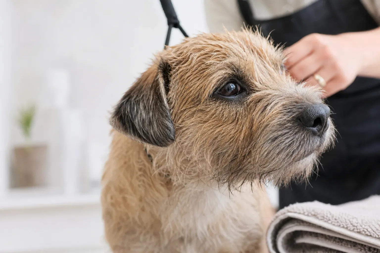 A damp-coated Border Terrier is groomed by a person in a dark apron, with a folded towel resting nearby