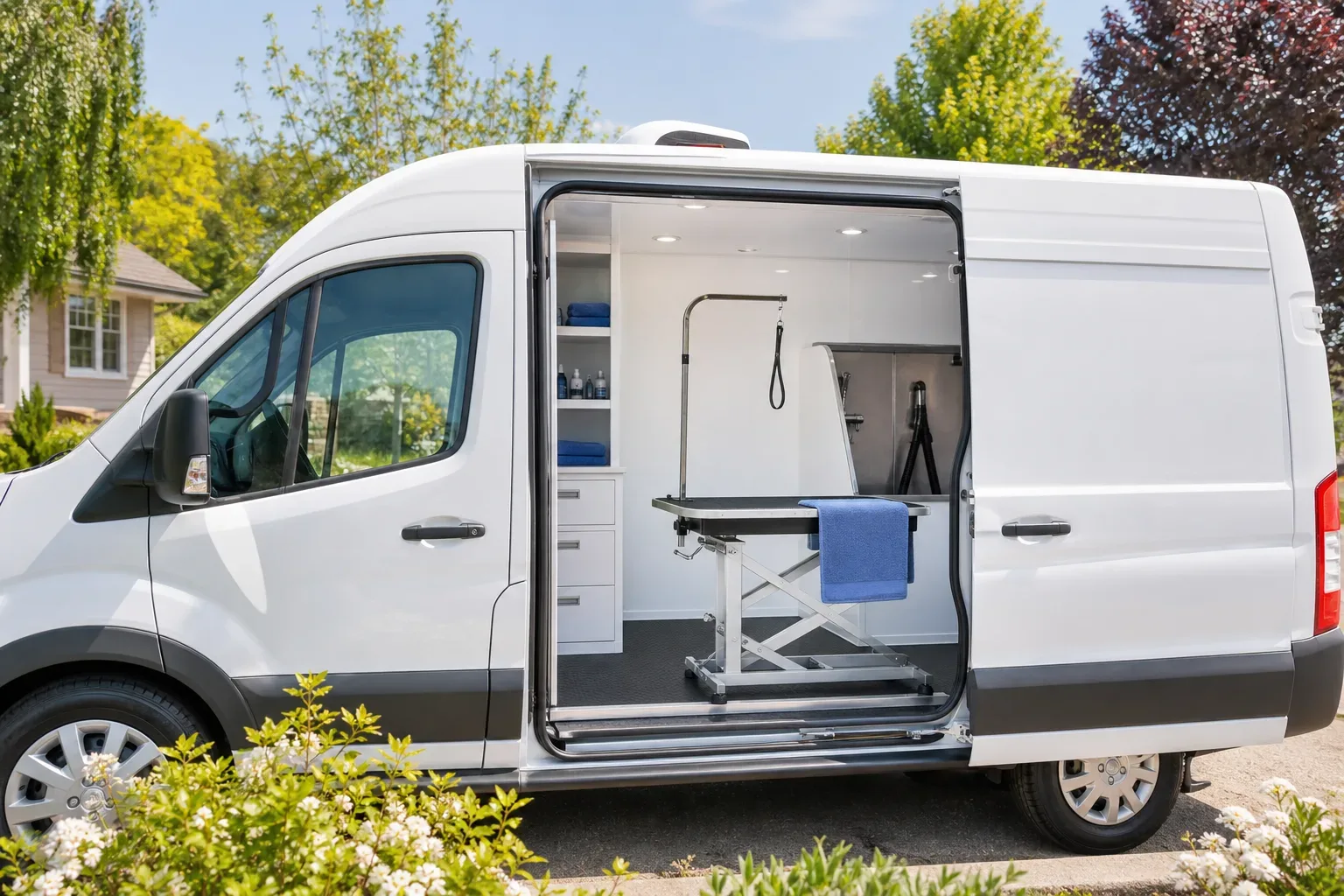 A white high-roof van sits on a residential driveway with its side door open, revealing a fitted grooming interior with a hydraulic table, grooming arm, blue towel, shelving, and a bath unit at the rear.